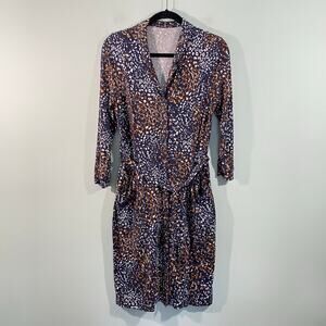 Garnet Hill Women Mixed Print Mavis Button Up Tie Waist Knit Dress Size S